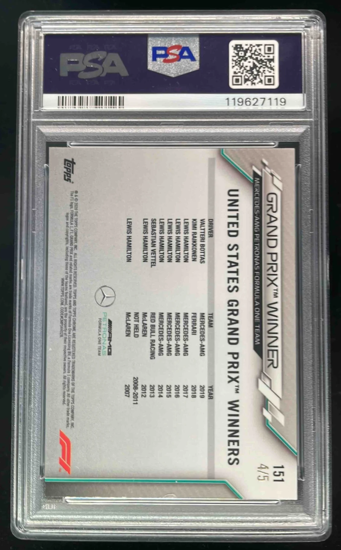 2020 Topps Chrome Formula 1 Red Refractor #151 Valtteri Bottas /5 PSA 8 - Image 2