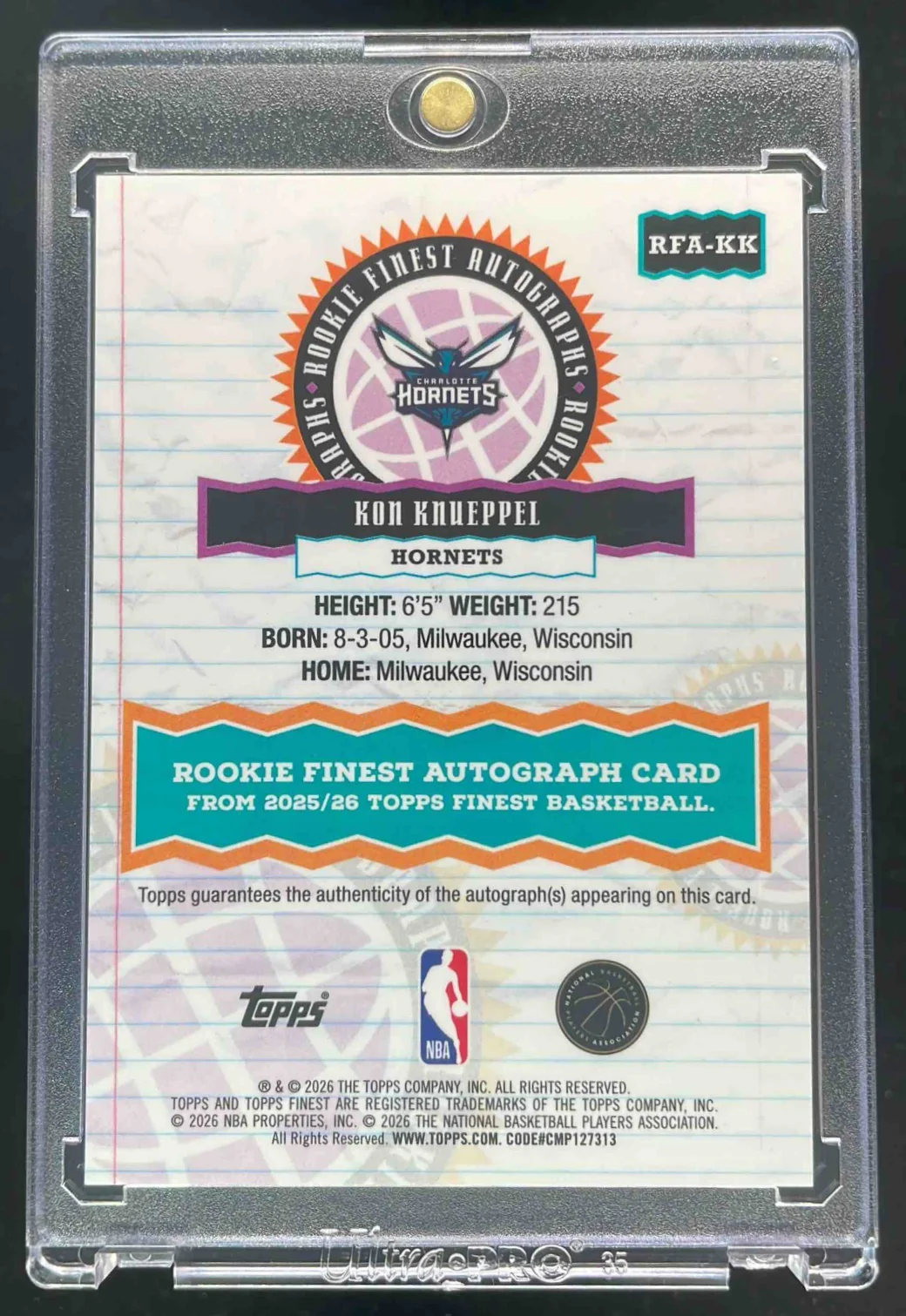 2025 Topps Finest Rookie Finest Gold Refractor #RFA-KK Kon Knueppel RC Auto /50 - Image 2