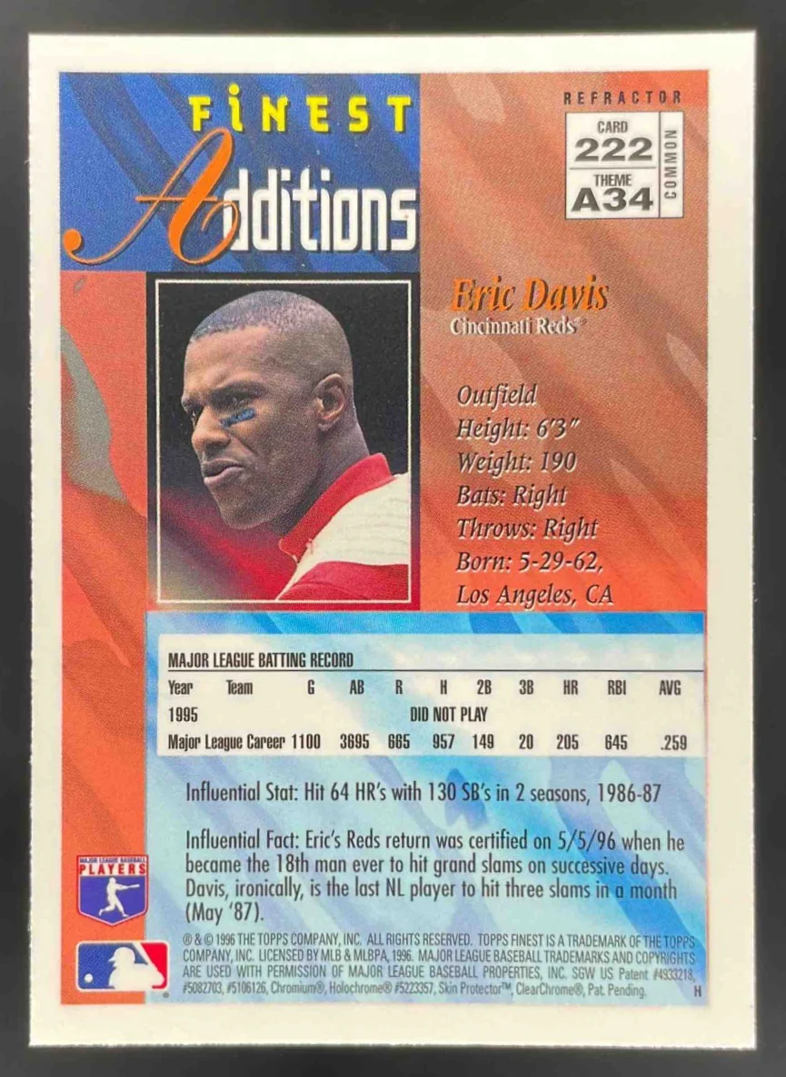 1996 Topps Finest Refractors #222 Eric Davis - Image 2