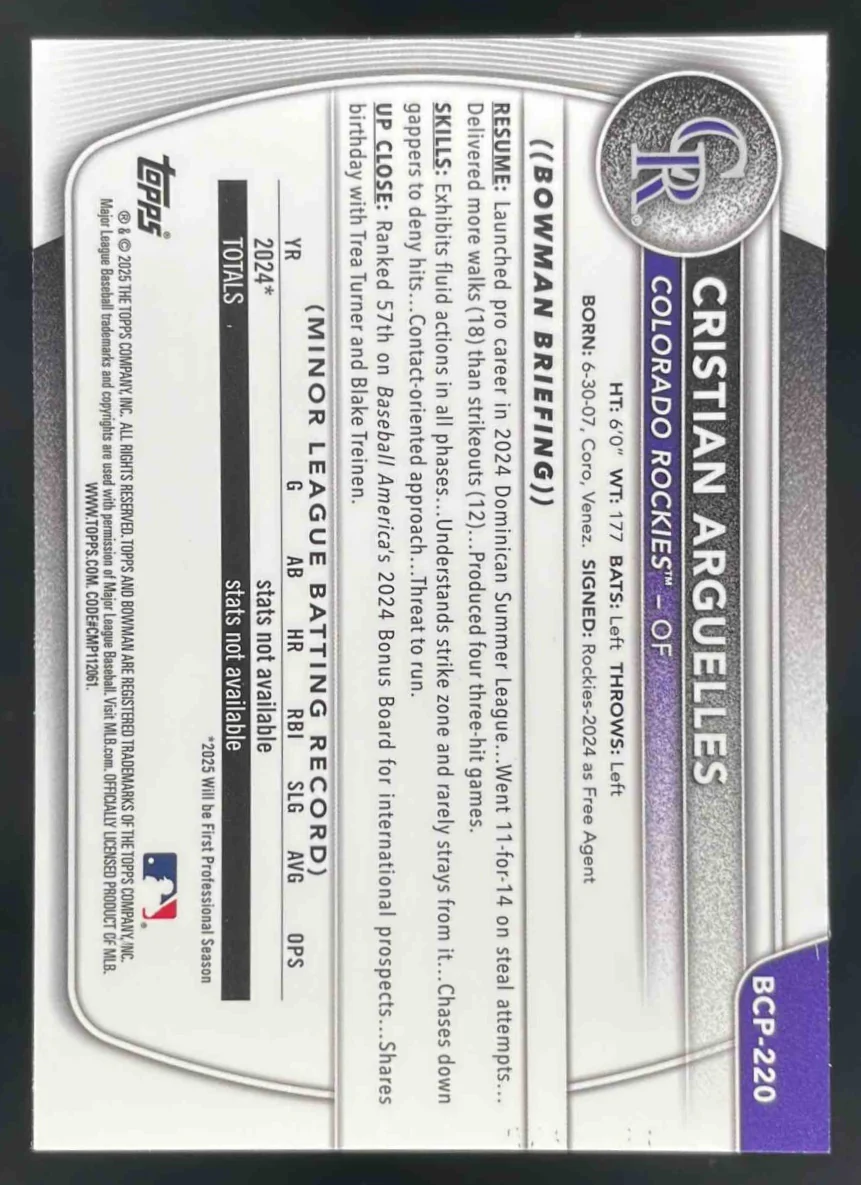 2025 Bowman Chrome Prospects Purple Shimmer #BCP-220 Cristian Arguelles RC /250 - Image 2
