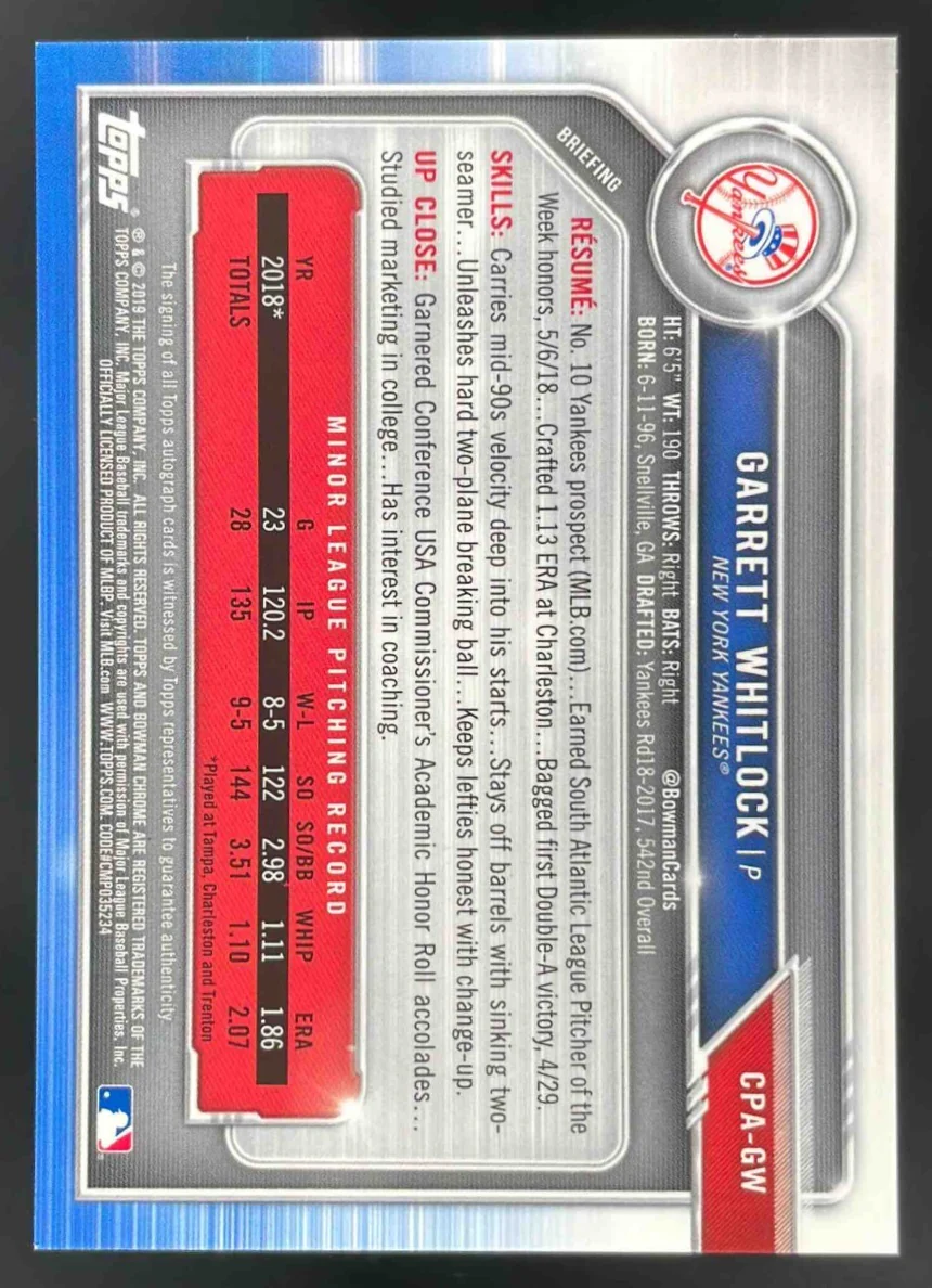 2019 Bowman Chrome Prospects Autographs #CPA-GW Garrett Whitlock RC Auto - Image 2