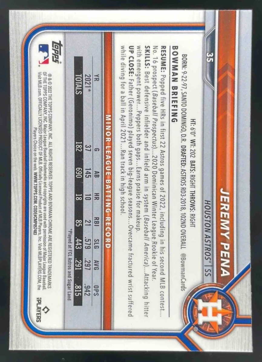 2022 Bowman Chrome Sapphire Chrome #35 Jeremy Pena RC - Image 2