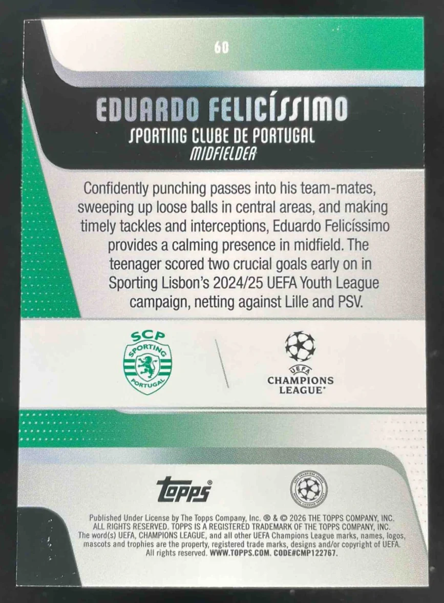 2025-26 Topps UEFA Club Competitions Black Holo #60 Eduardo Felicissimo RC /10 - Image 2