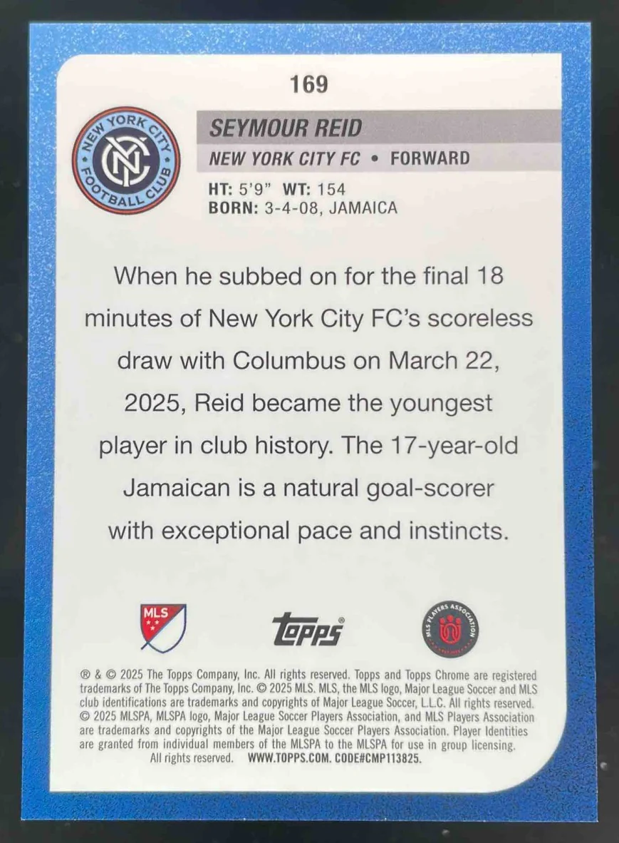 2025 Topps Chrome MLS Black Wave Refractor #169 Seymour Reid RC /10 - Image 2