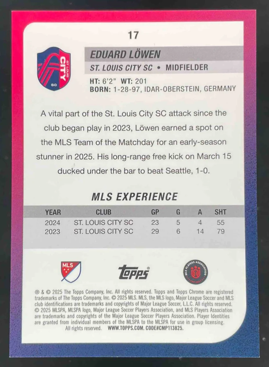 2025 Topps Chrome MLS Orange Wave Refractor #17 Eduard Lowen /25 - Image 2