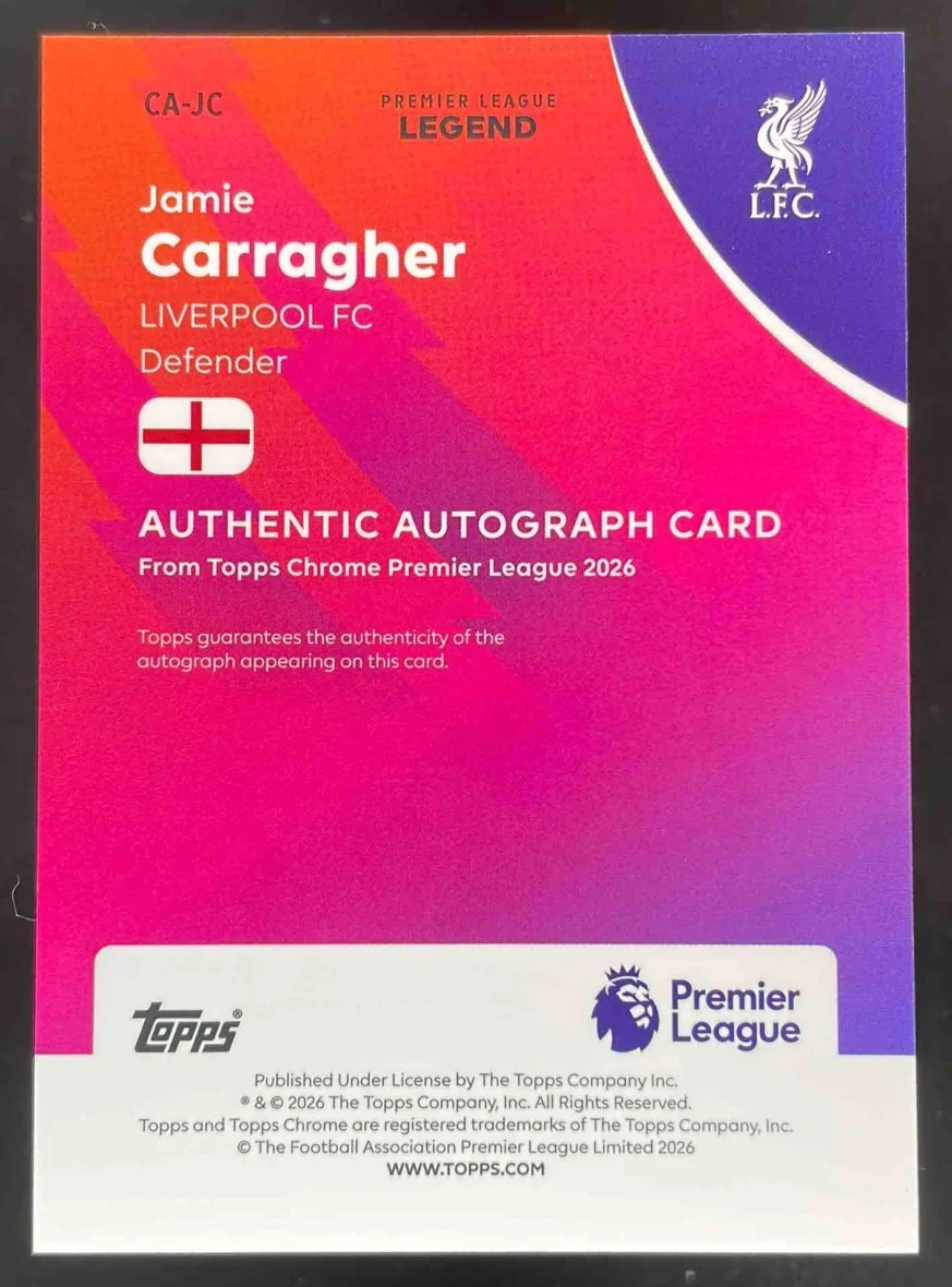 2026 Topps Chrome Premier Gold Wave Refractor #CA-JC Jamie Carragher Auto /50 - Image 2