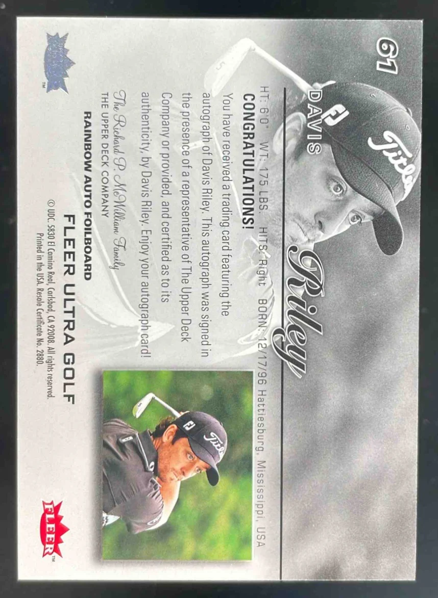 Fleer Ultra Golf Rainbo Auto Foildboard Davis Riley Autograph RC Auto - Image 2