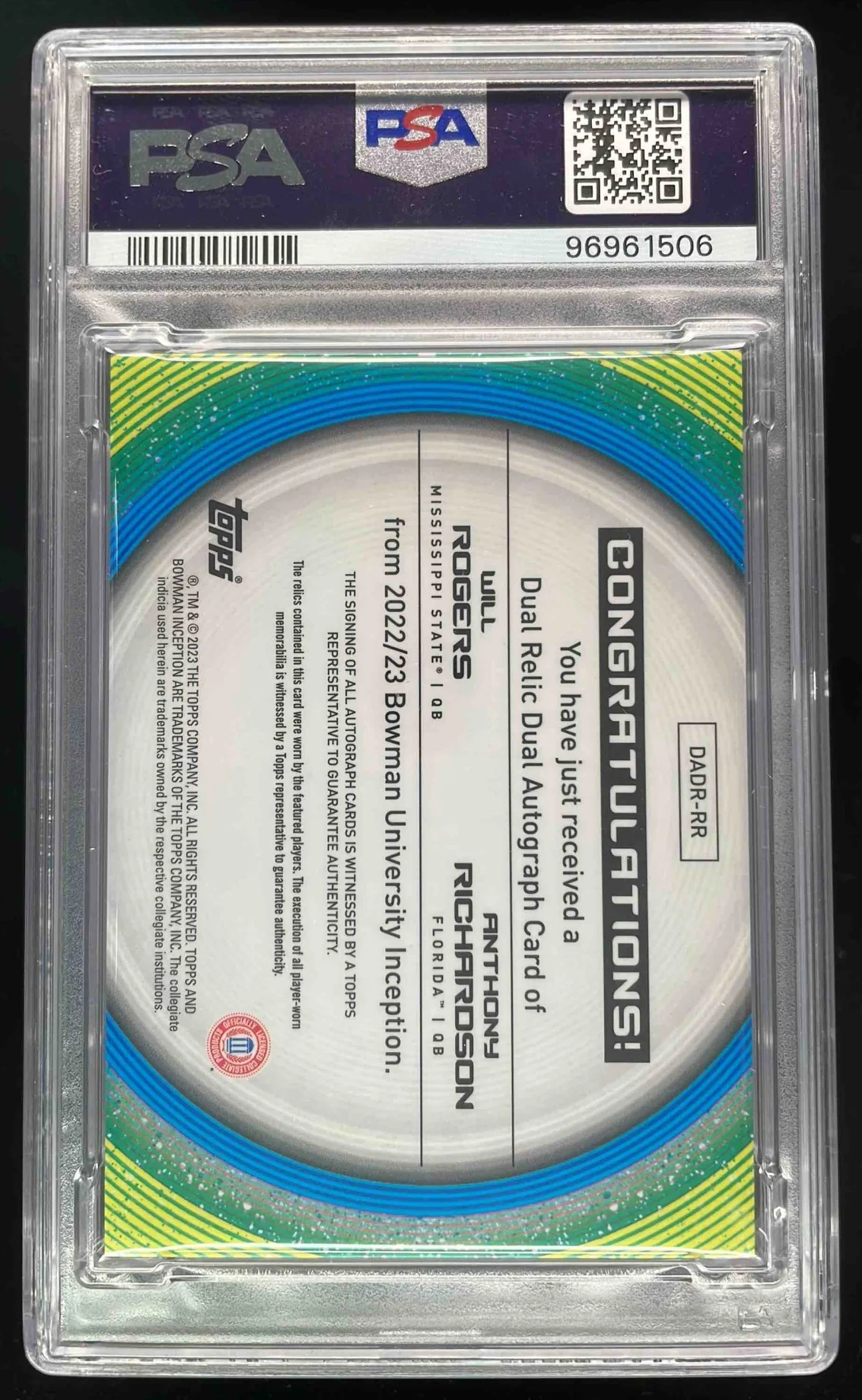 2022 Bowman Inception Orange Will Rogers Anthony Richardson Auto /25 PSA 10 - Image 2
