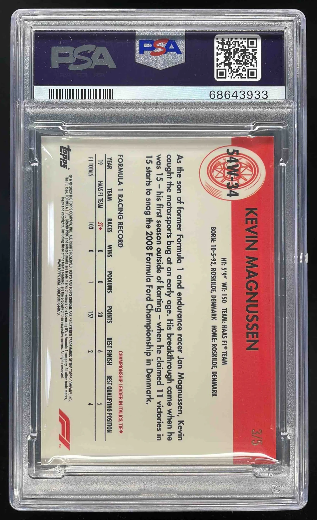 2020 Topps Chrome Formula 1 1954 World on Wheels Red Kevin Magnussen /5 PSA 8 - Image 2