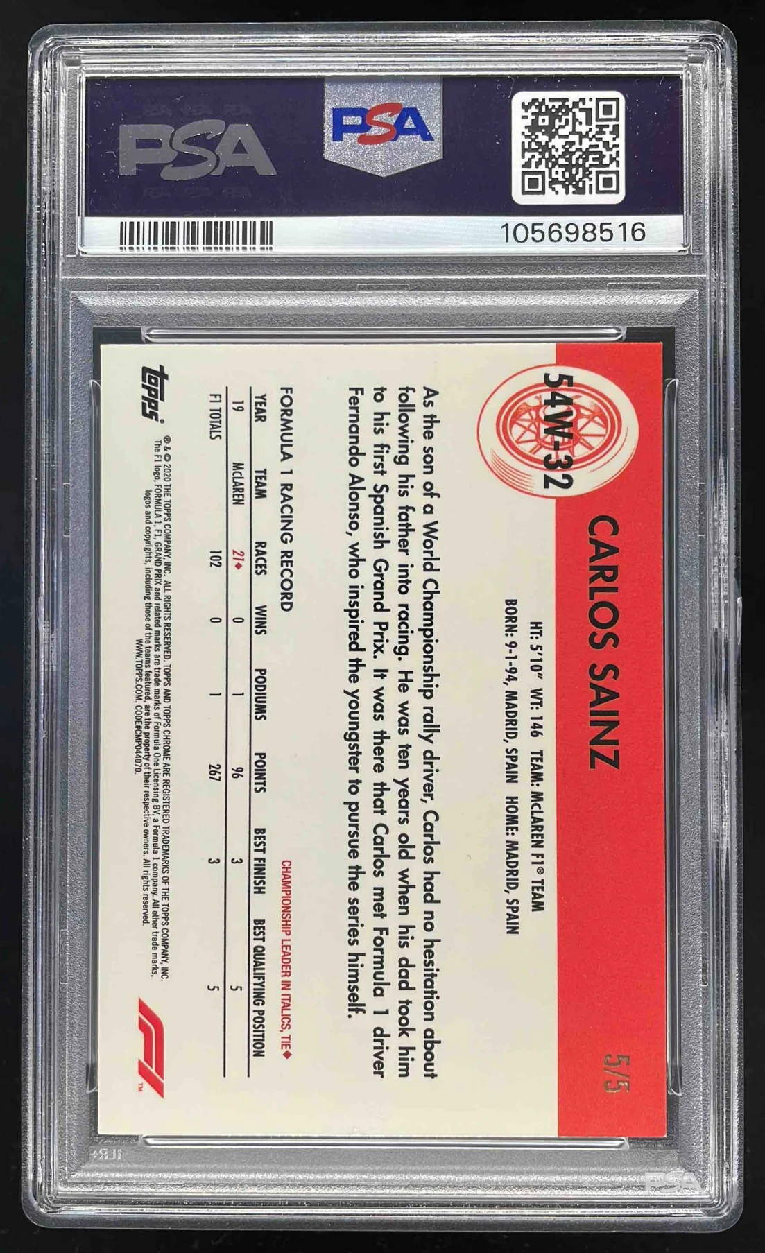 2020 Topps Chrome Formula 1 1954 World on Wheels Red Carlos Sainz /5 PSA 8 - Image 2