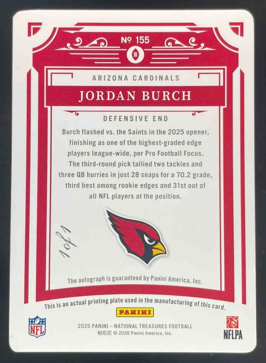 2025 National Treasures Rookie Printing Plates Magenta Jordan Burch RC Auto 1/1 - Image 2