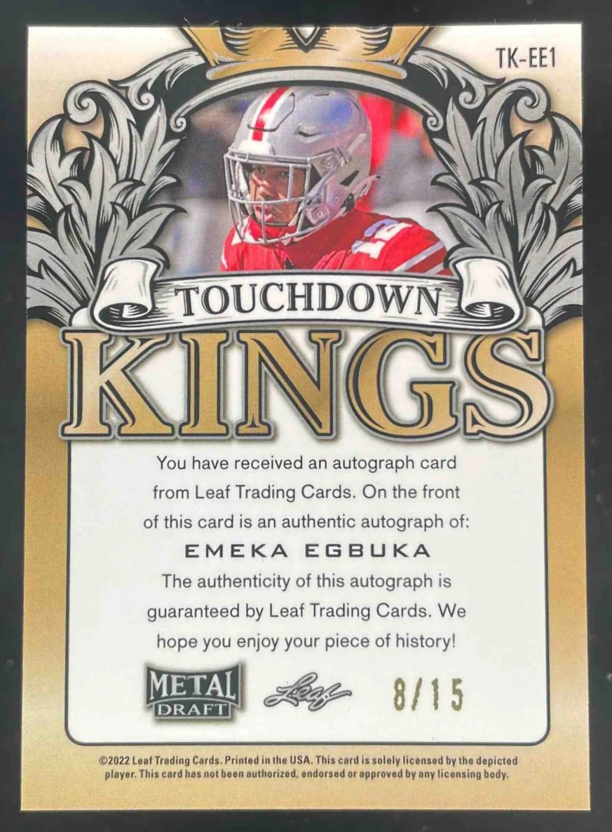 2022 Leaf Metal Draft Touchdown Kings Autographs #TK-EE1 Emeka Egbuka Auto /15 - Image 2