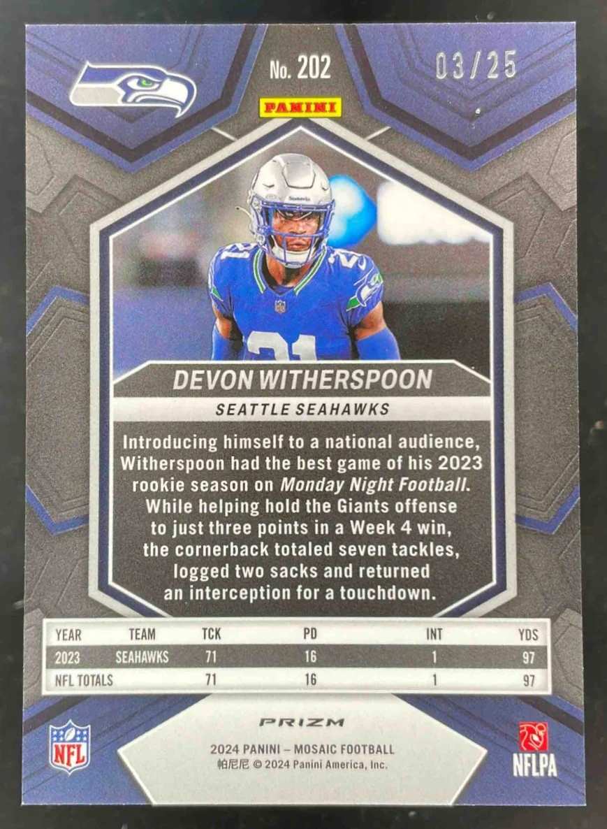 2024 Panini Mosaic Orange Fluorescent Prizm #202 Devon Witherspoon /25 - Image 2