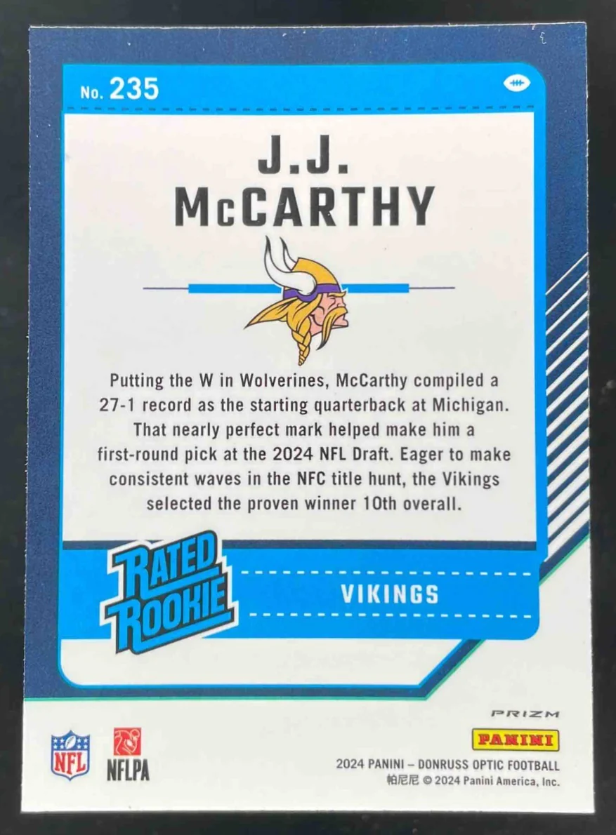 2024 Panini Donruss Optic Red Mojo #235 J.J. McCarthy Rated Rookie - Image 2
