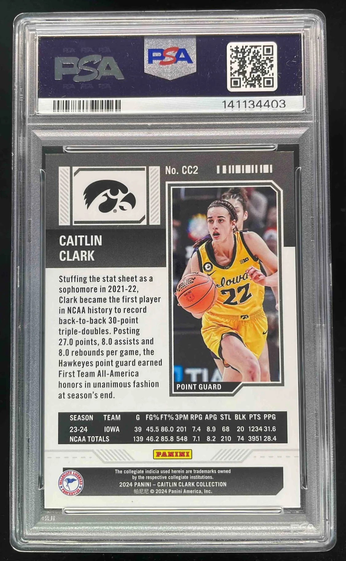 2024 Panini Collection College Contenders Pink #CC2 Caitlin Clark RC /50 PSA 9 - Image 2