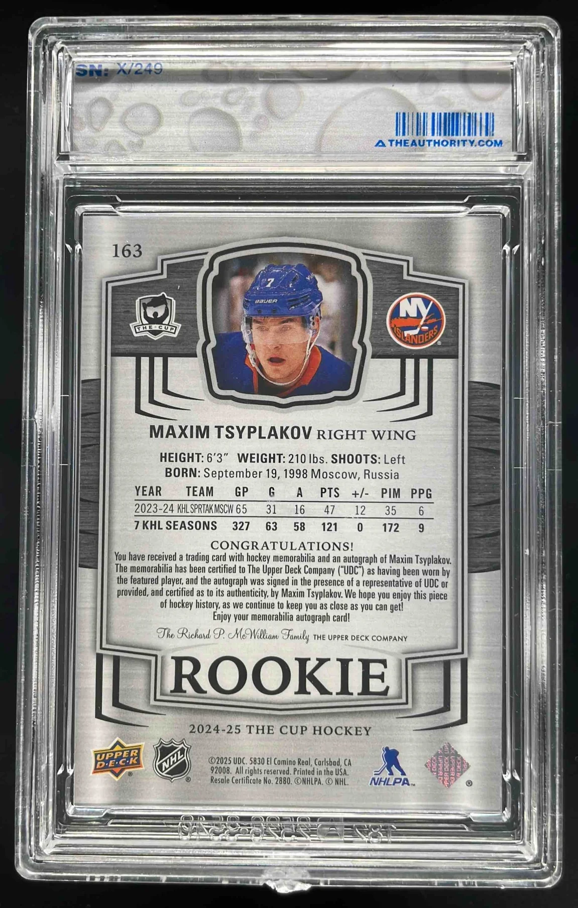2024-25 Upper Deck The Cup #163 Maxim Tsyplakov Rookie Patch Auto /249 - Image 2