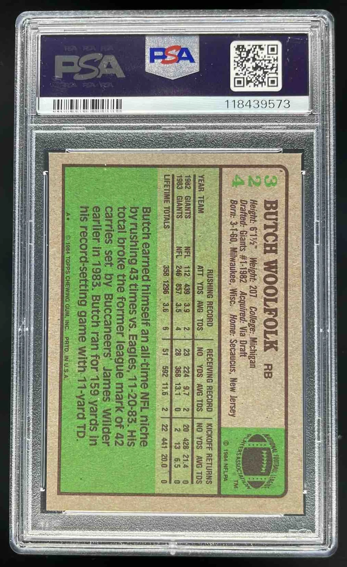 1984 Topps #324 Butch Woolfolk PSA 10 - Image 2