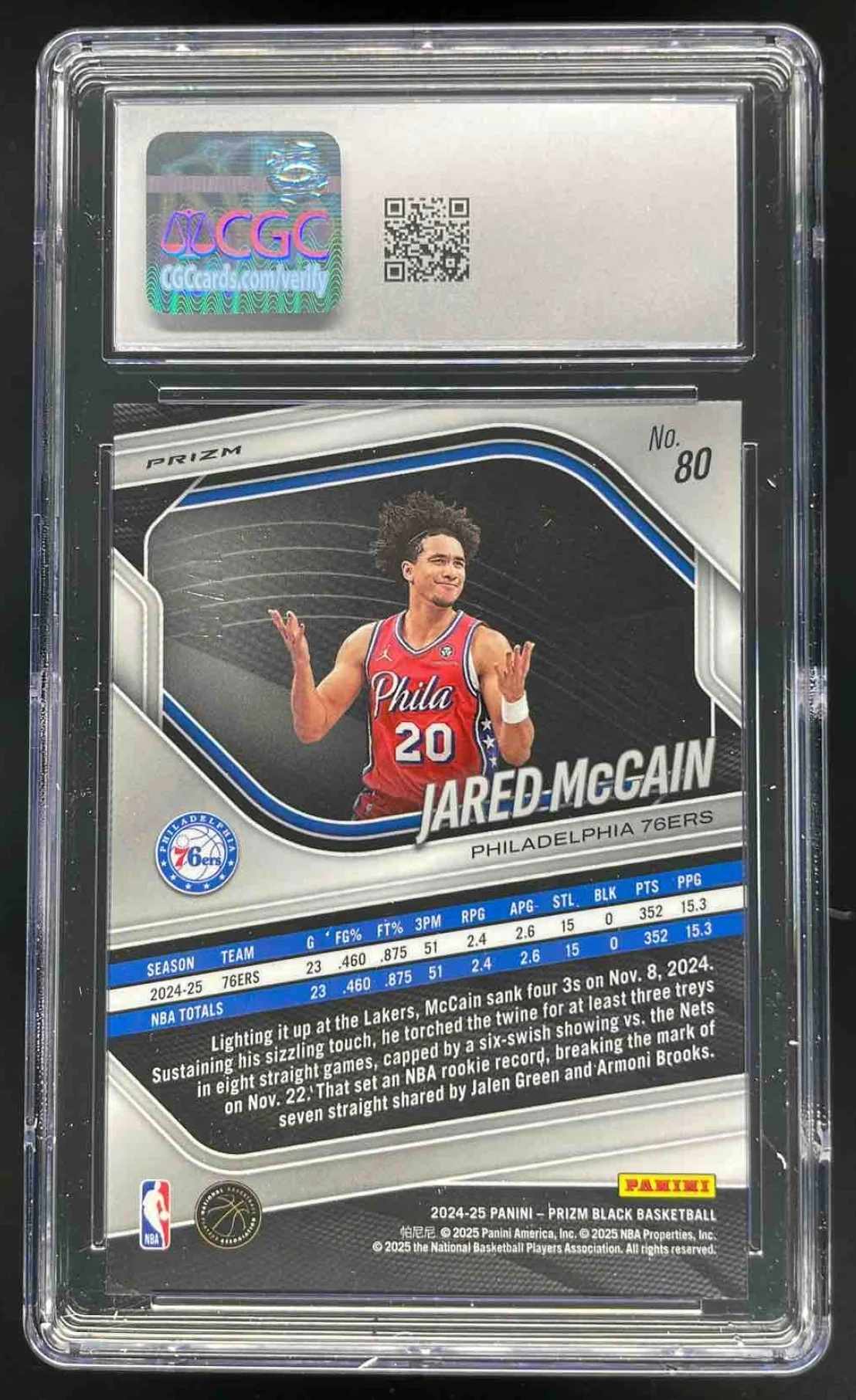 2024 Panini Prizm Black Blue Shimmer FOTL Prizms #80 Jared McCain RC /35 CGC 10 - Image 2
