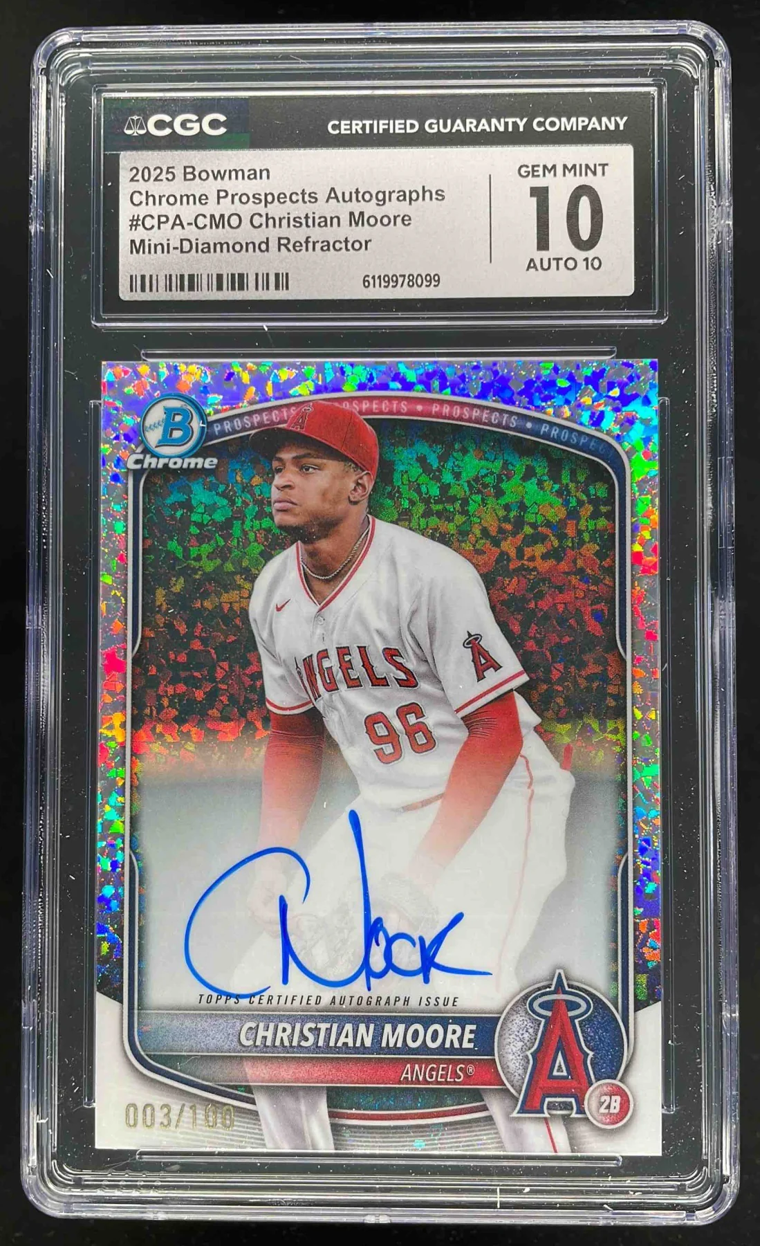 2025 Bowman Chrome Mini-Diamond Refractor #CMO Christian Moore Auto /100 CGC 10