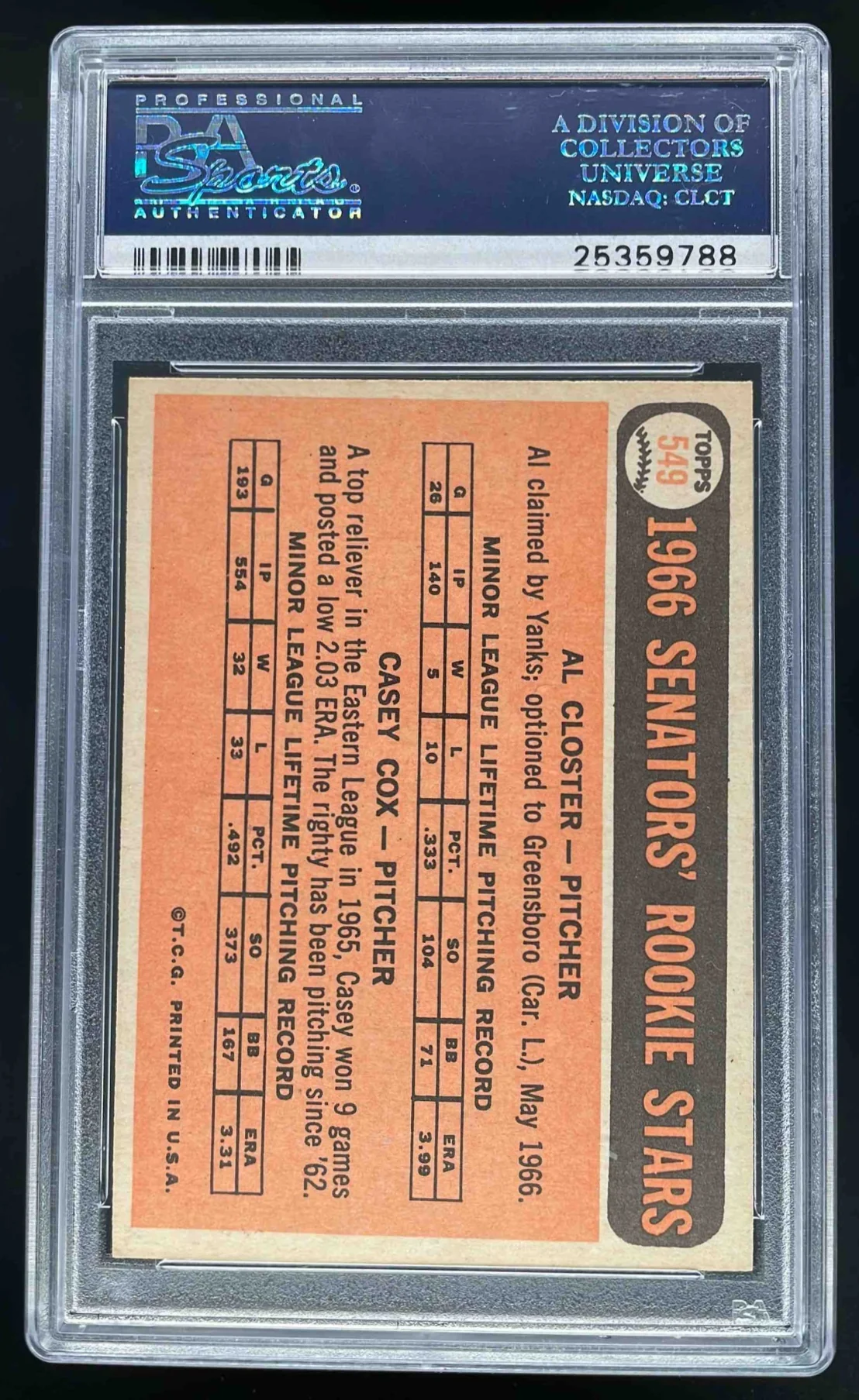 1966 Topps #549 Senators 1966 Rookie Stars Al Closter Casey Cox RC PSA 8 - Image 2