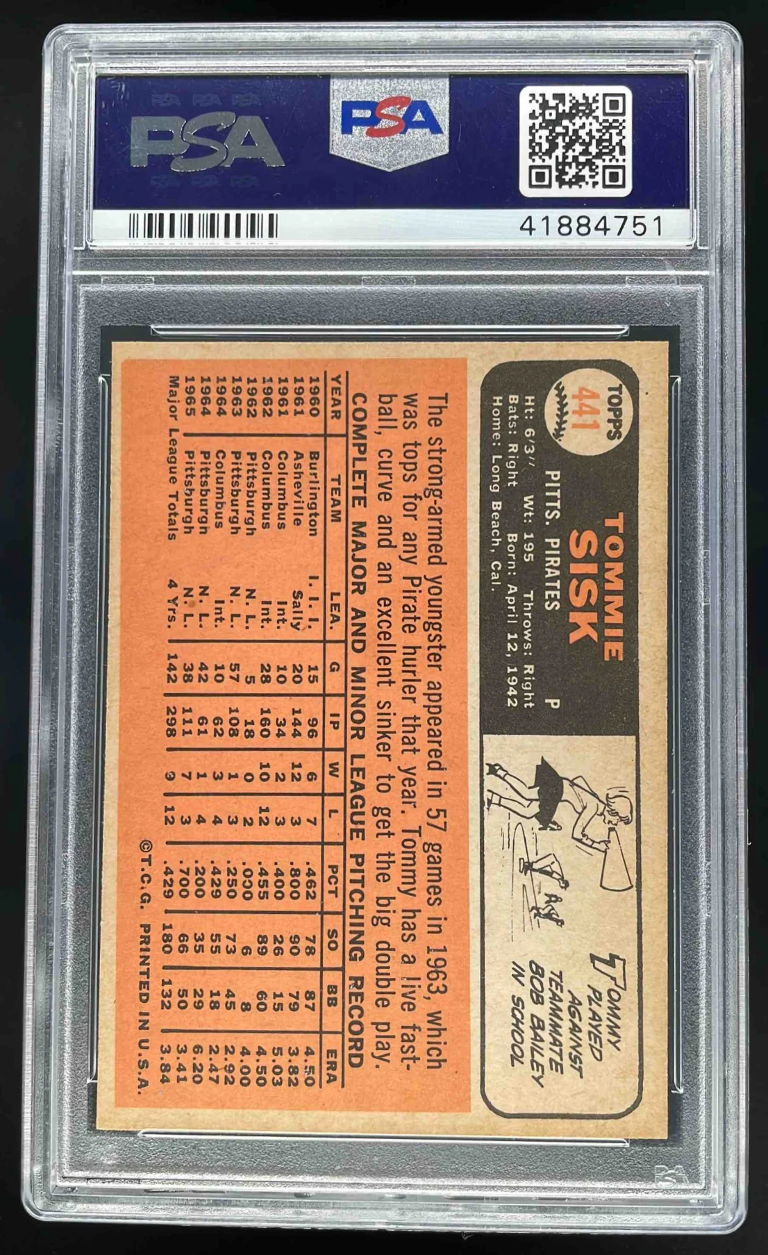 1966 Topps #441 Tommie Sisk PSA 9 - Image 2