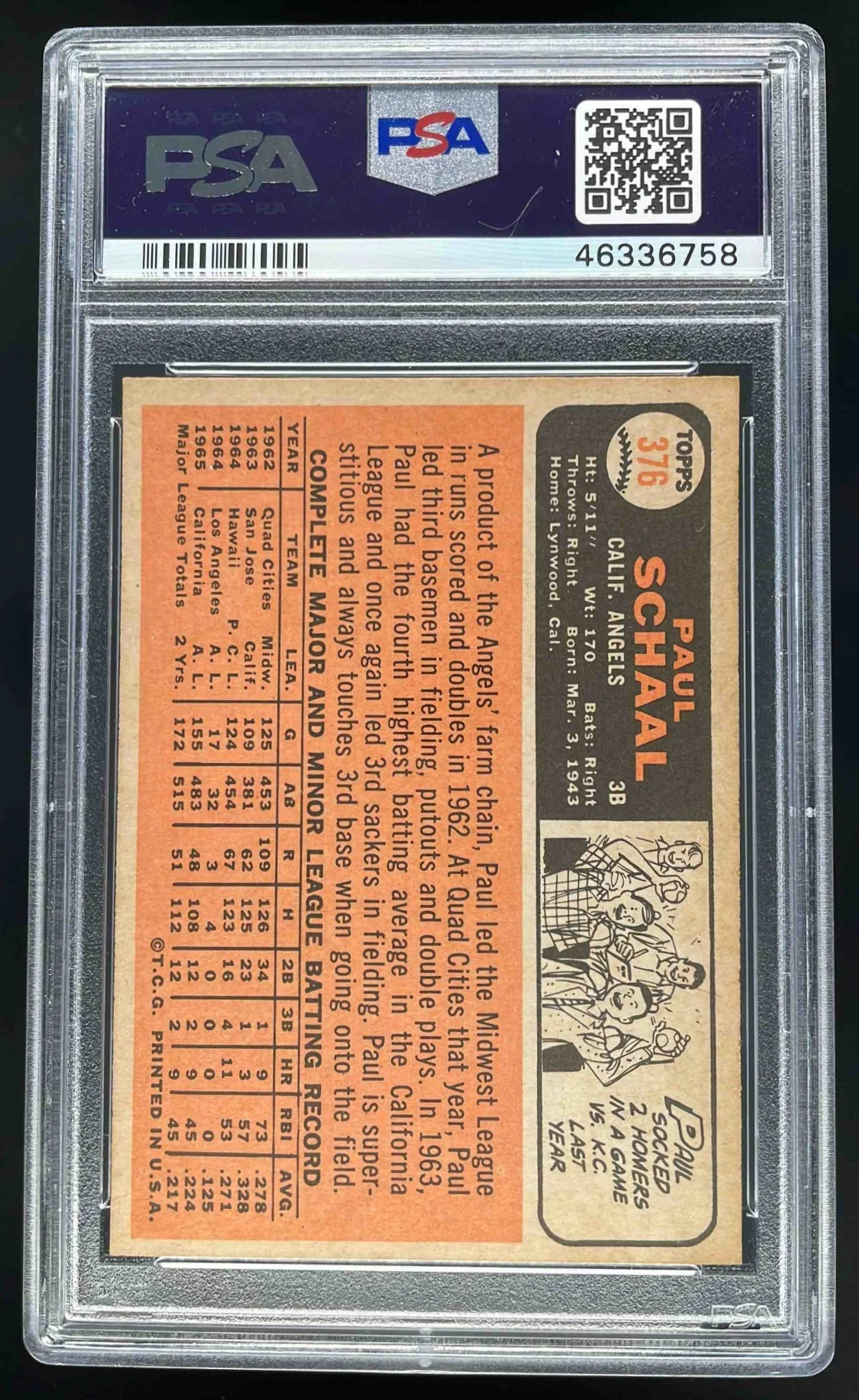 1966 Topps #376 Paul Schaal Super Rookie All-Star PSA 9 - Image 2