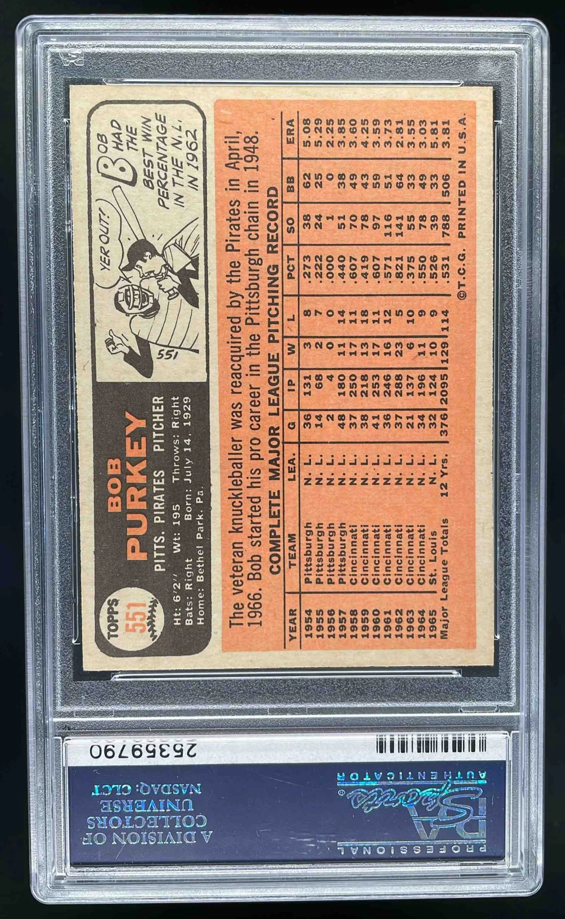 1966 Topps #551 Bob Purkey SP PSA 8 - Image 2