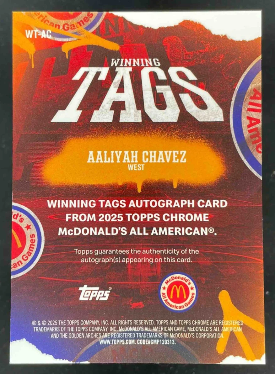 2025 Topps Chrome McDonald's Winning Tags Green Aaliyah Chavez Auto /99 - Image 2
