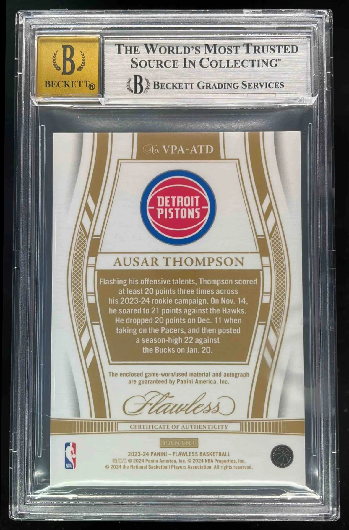2023-24 Panini Flawless Vertical Patch Auto Gold Ausar Thompson RC /10 BGS 9 - Image 2