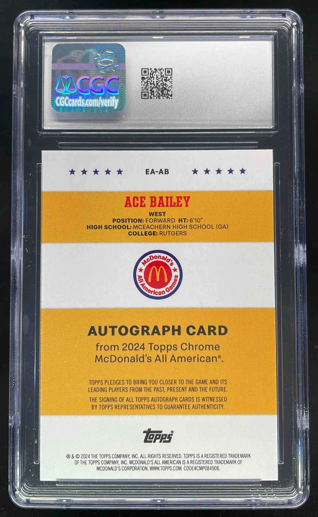 2024 Topps Chrome McDonald's All-American Event #EA-AB Ace Bailey Auto CGC 10 - Image 2
