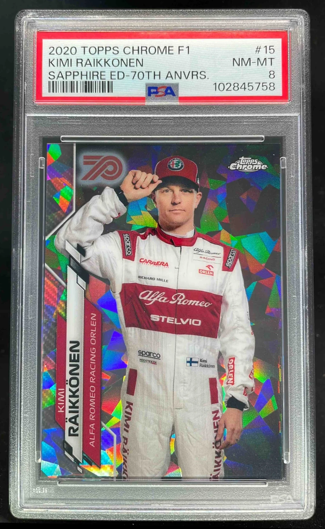 2020 Topps Chrome Sapphire Formula 1 70th Anniversary Kimi Raikkonen /70 PSA 8