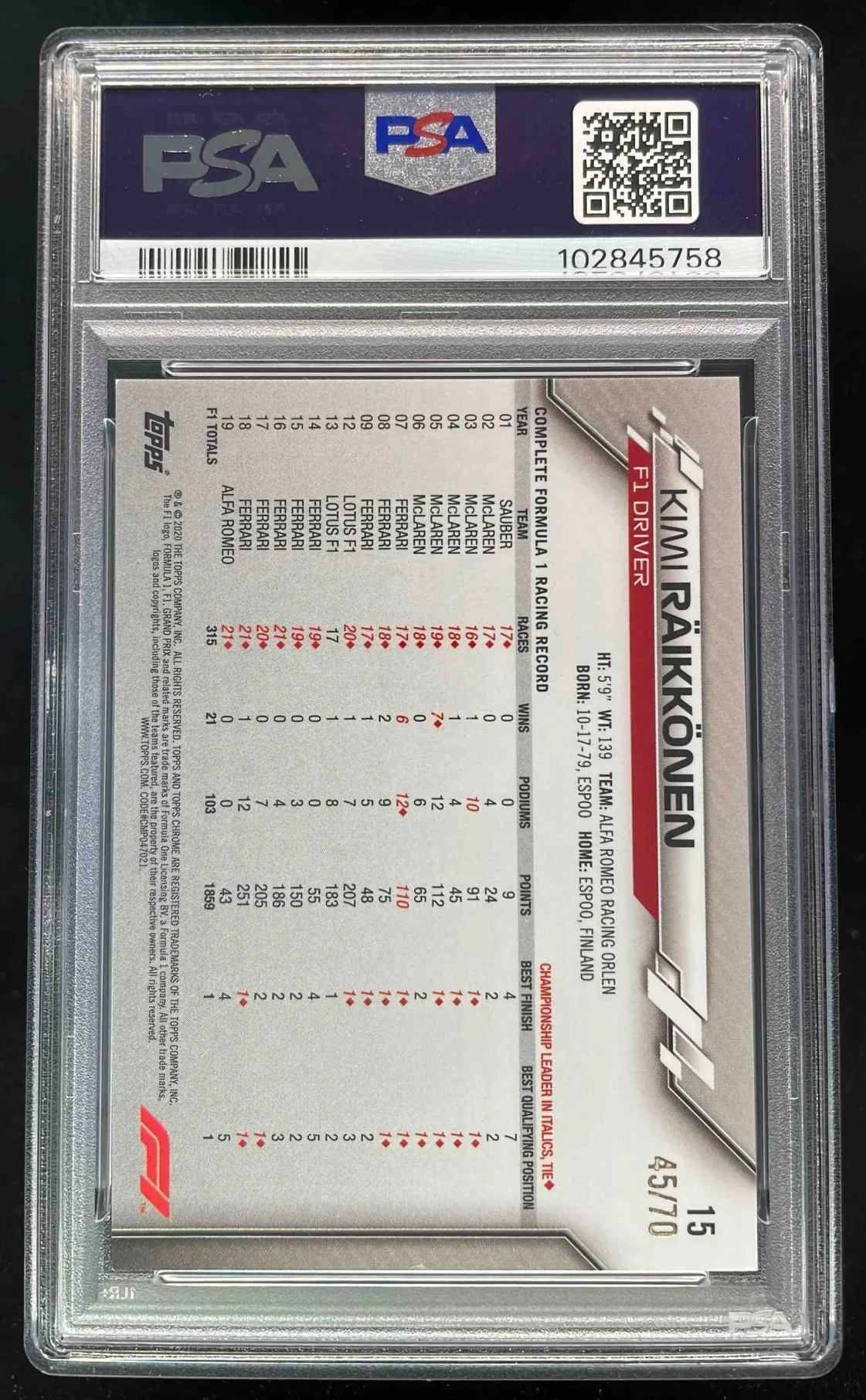 2020 Topps Chrome Sapphire Formula 1 70th Anniversary Kimi Raikkonen /70 PSA 8 - Image 2