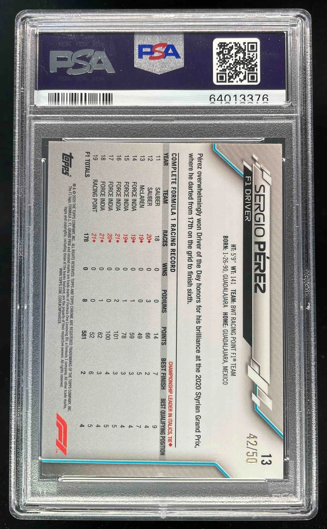 2020 Topps Chrome Formula 1 Gold Refractor #13 Sergio Perez /50 PSA 9 - Image 2