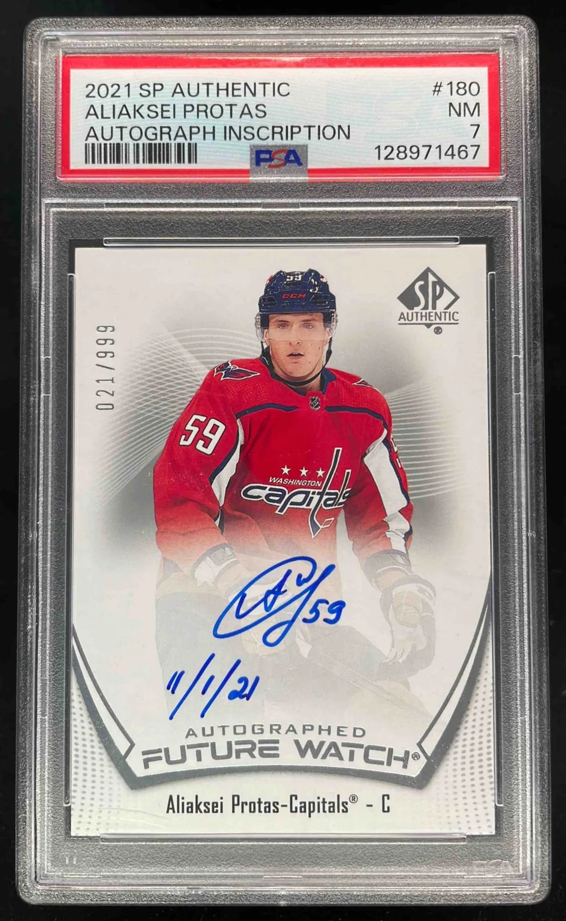 2021-22 SP Authentic #180 Aliaksei Protas RC Future Watch Auto /999 PSA 7