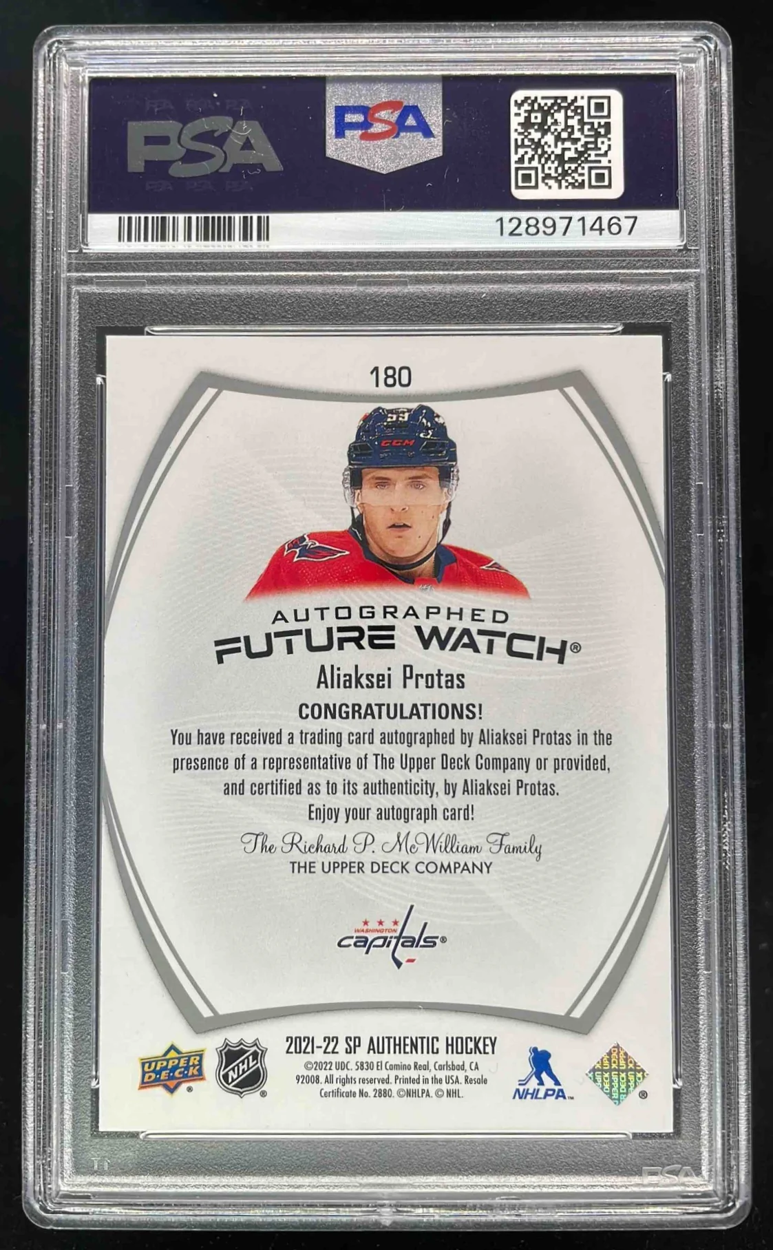 2021-22 SP Authentic #180 Aliaksei Protas RC Future Watch Auto /999 PSA 7 - Image 2