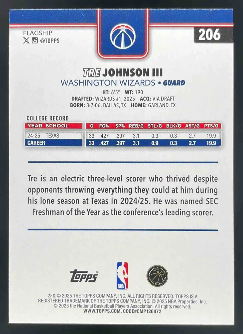 2025-26 Topps Purple Rainbow #206 Tre Johnson III RC /250 - Image 2