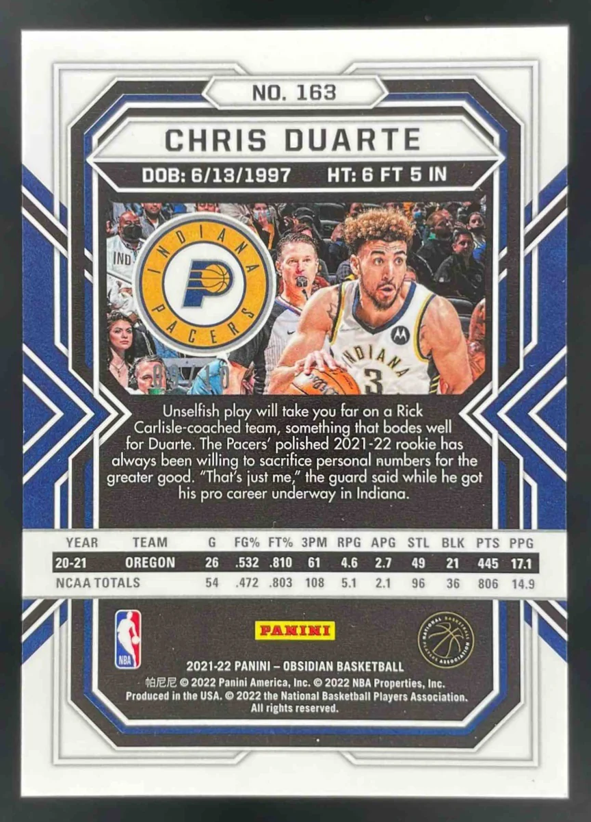 2021-22 Panini Obsidian Electric Etch Yellow #163 Chris Duarte RC /10 - Image 2