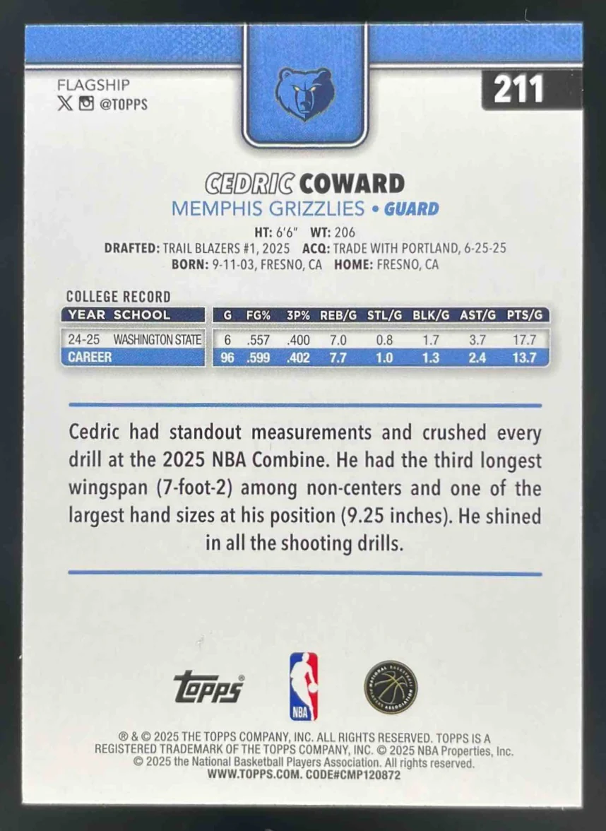 2025-26 Topps Victory #211 Cedric Coward RC - Image 2