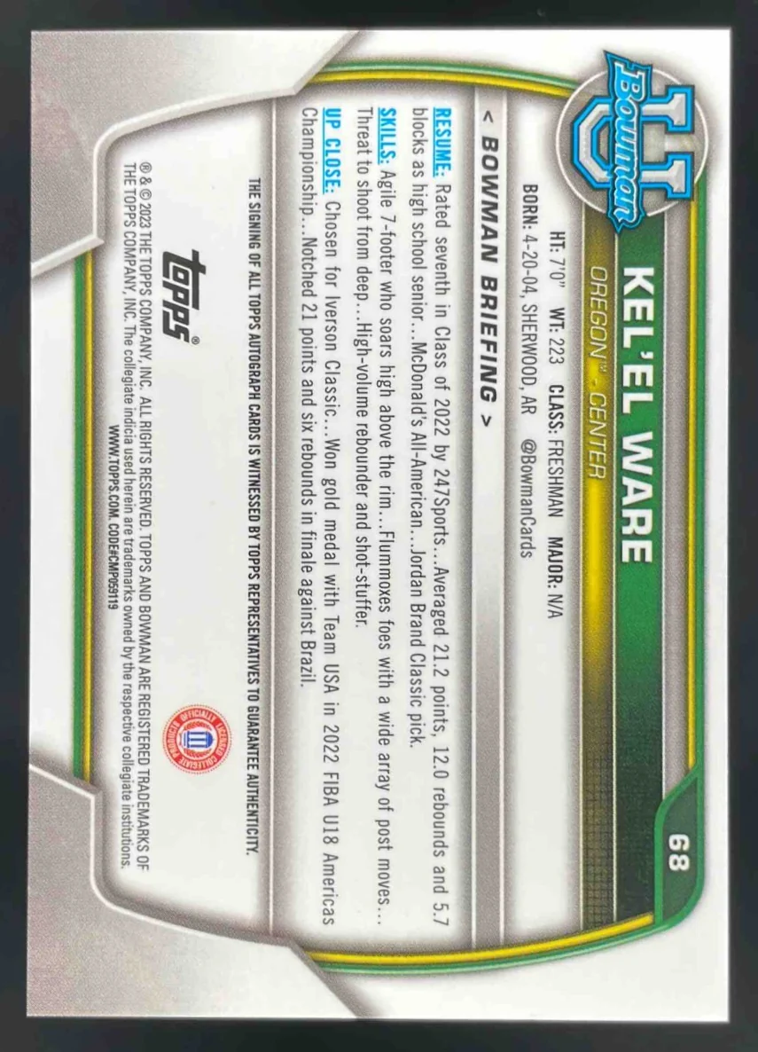 2022-23 Bowman Chrome University Chrome Prospect Autographs #68 Kel el Ware Auto - Image 2