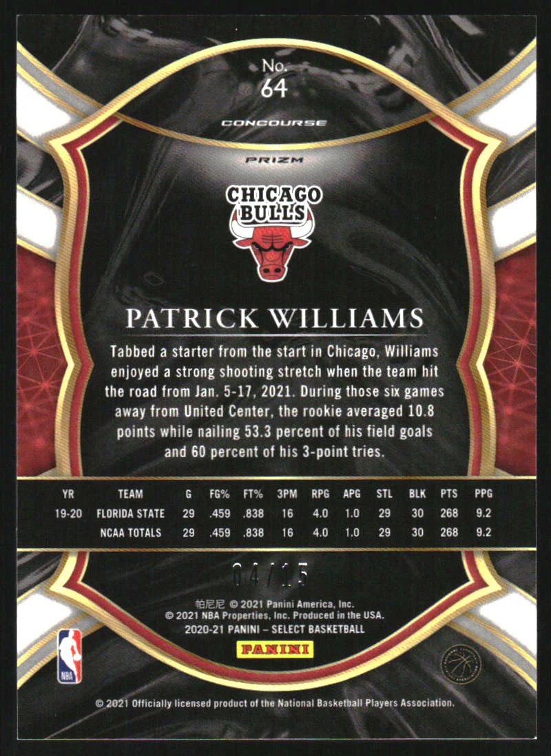 2020-21 Select Prizms Neon Orange Pulsar #64 Patrick Williams RC Rookie /15 - Image 2
