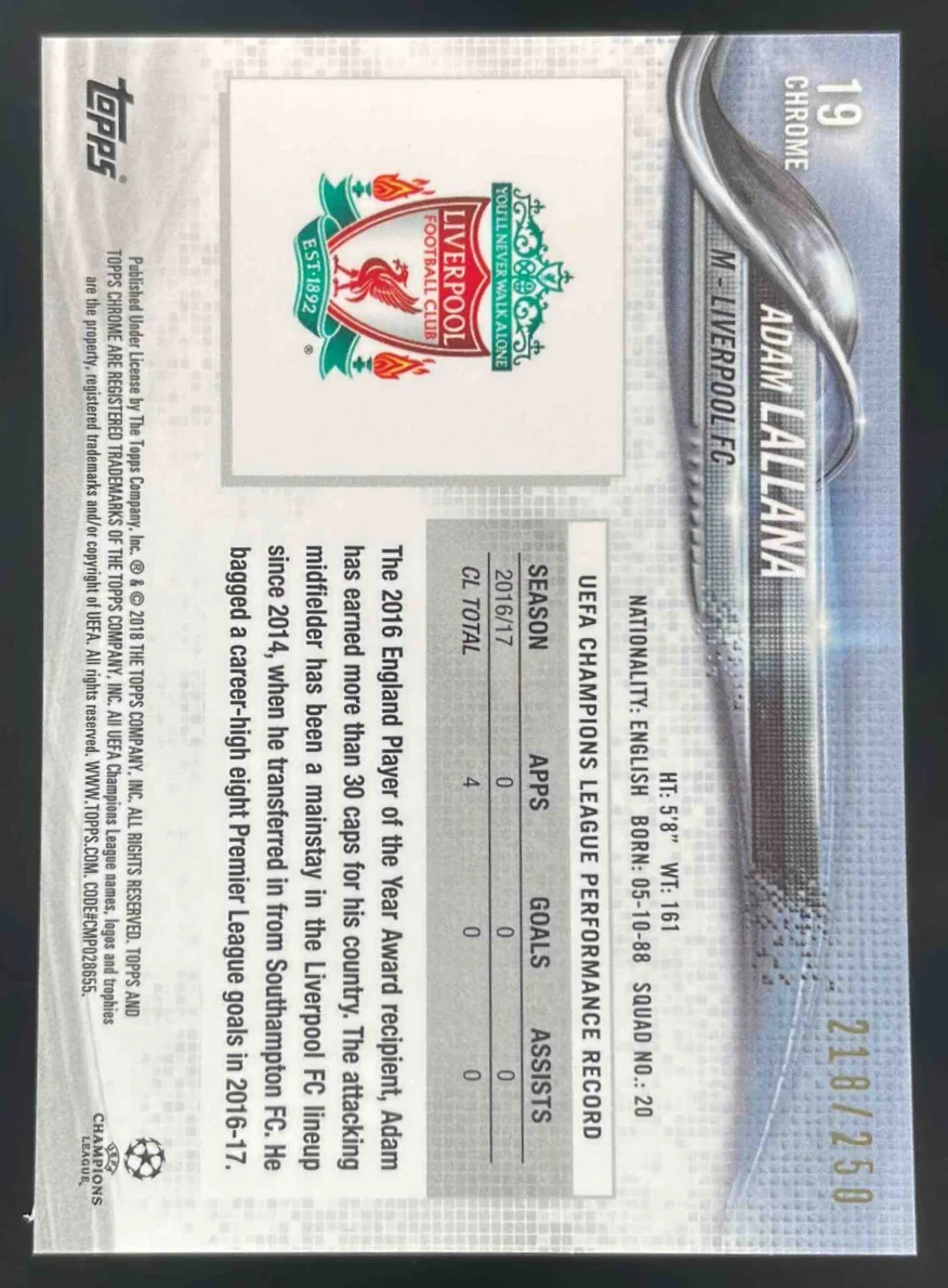 2017 Topps Chrome UEFA Champions League Purple Refractor #19 Adam Lallana /250 - Image 2