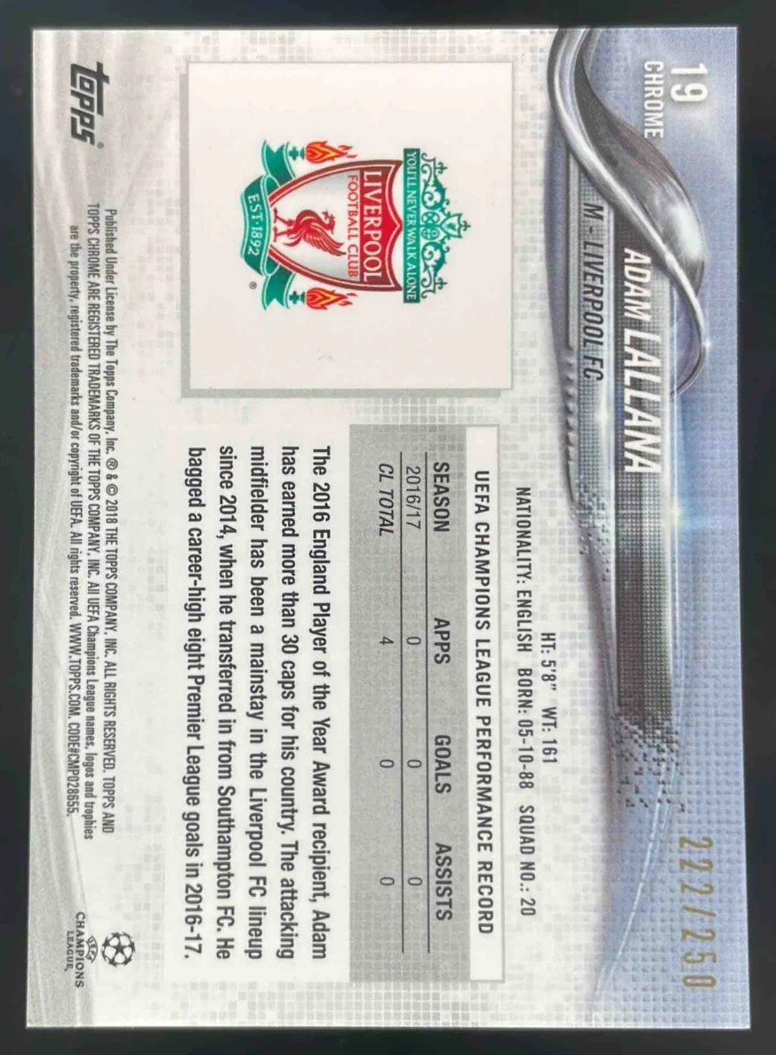 2017 Topps Chrome UEFA Champions League Purple Refractor #19 Adam Lallana /250 - Image 2