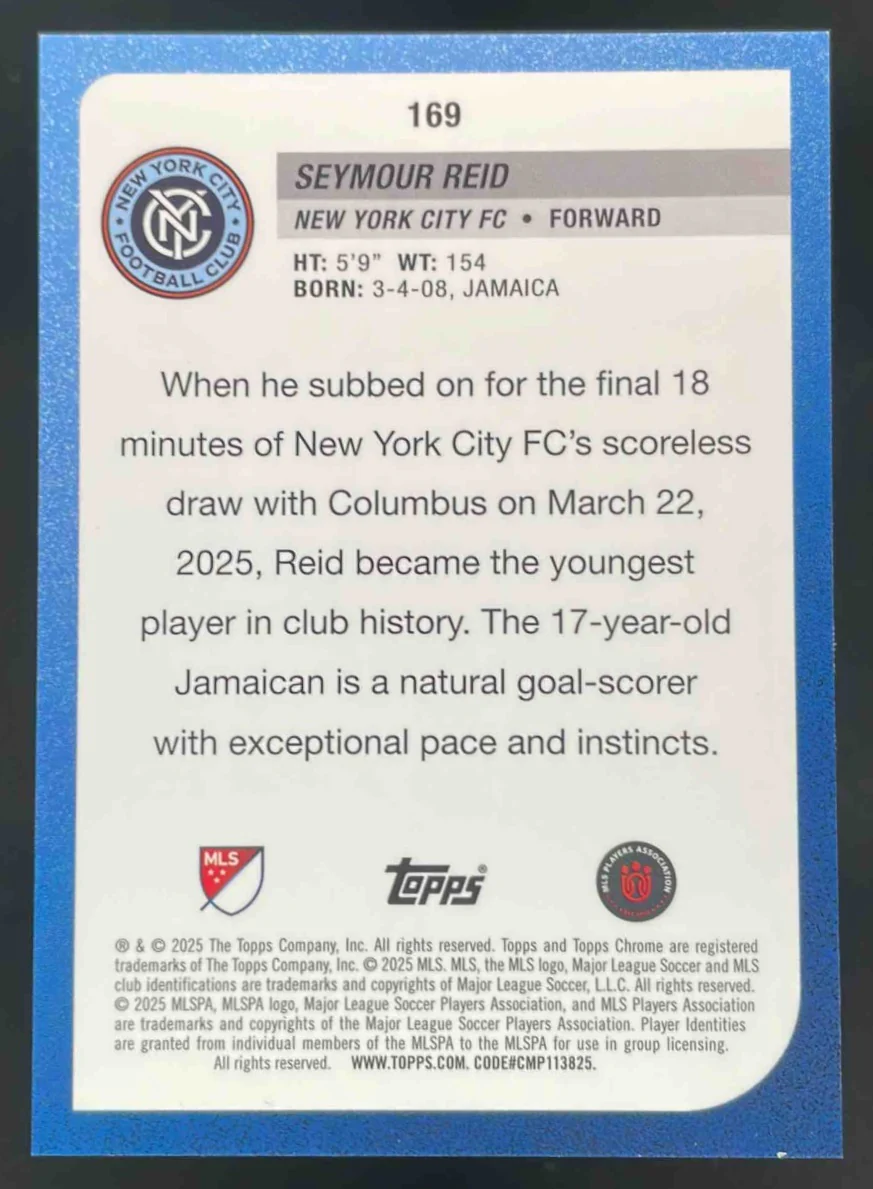 2025 Topps Chrome MLS Black Refractor #169 Seymour Reid RC /10 - Image 2