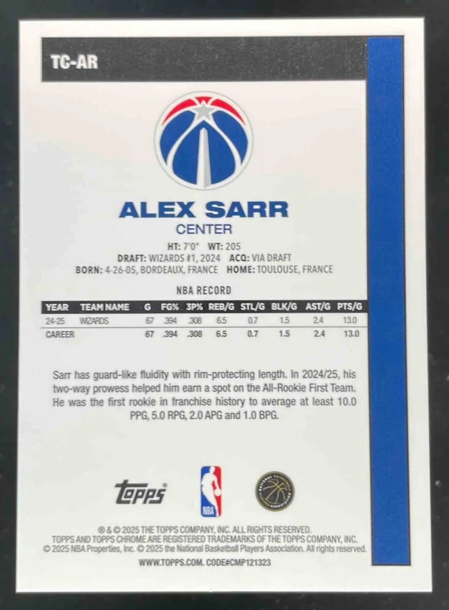 2025-26 Topps 1980-81 Topps Chrome Red Mojo Refractor #TC-AR Alex Sarr /5 - Image 2