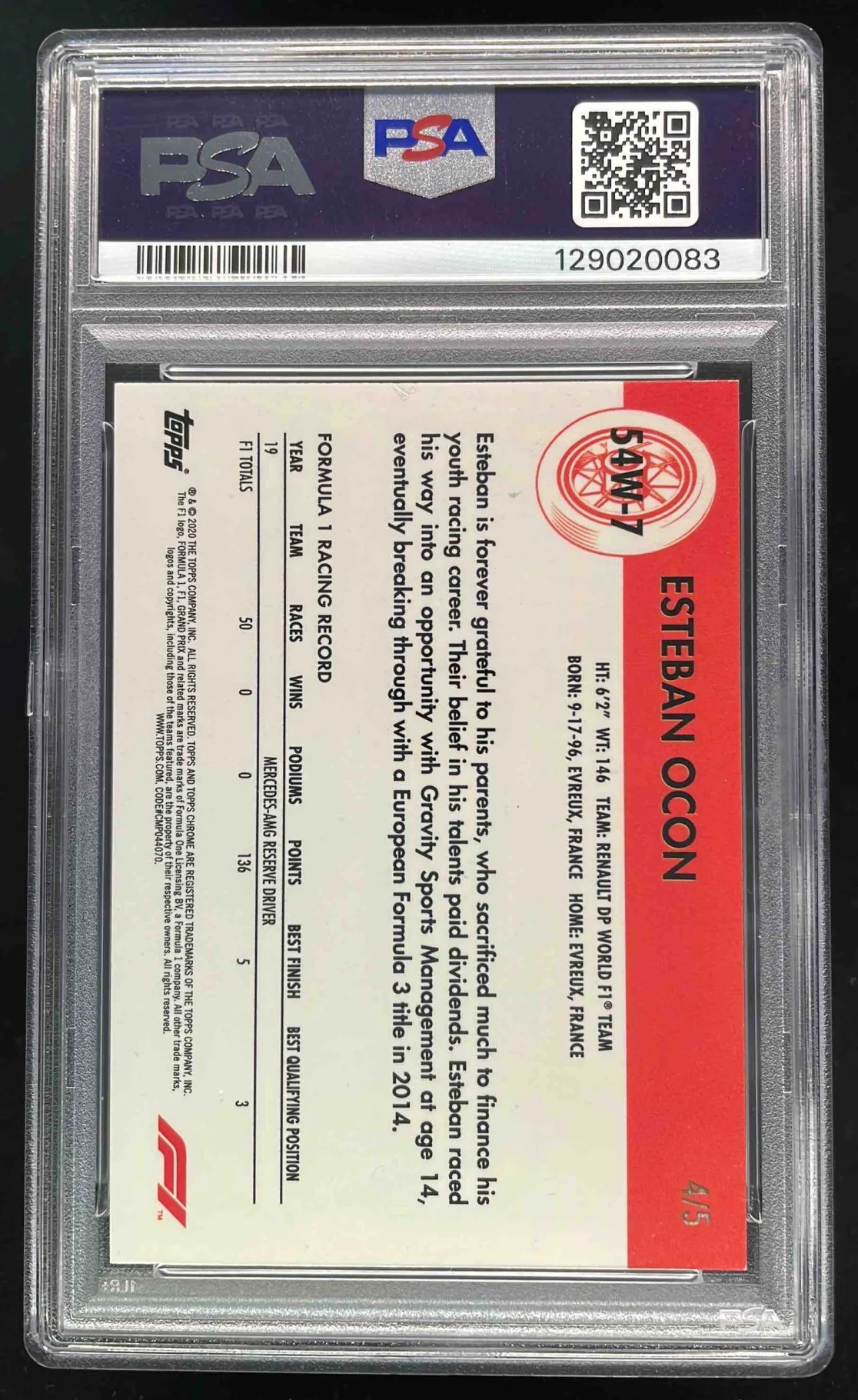 2020 Topps Chrome Formula 1 1954 World on Wheels Red Esteban Ocon /5 PSA 7 - Image 2