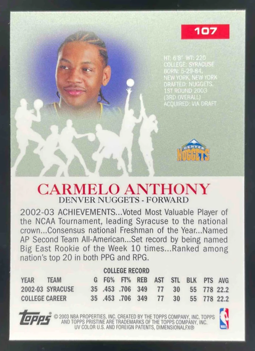 2003-04 Topps Pristine #107 Carmelo Anthony RC - Image 2