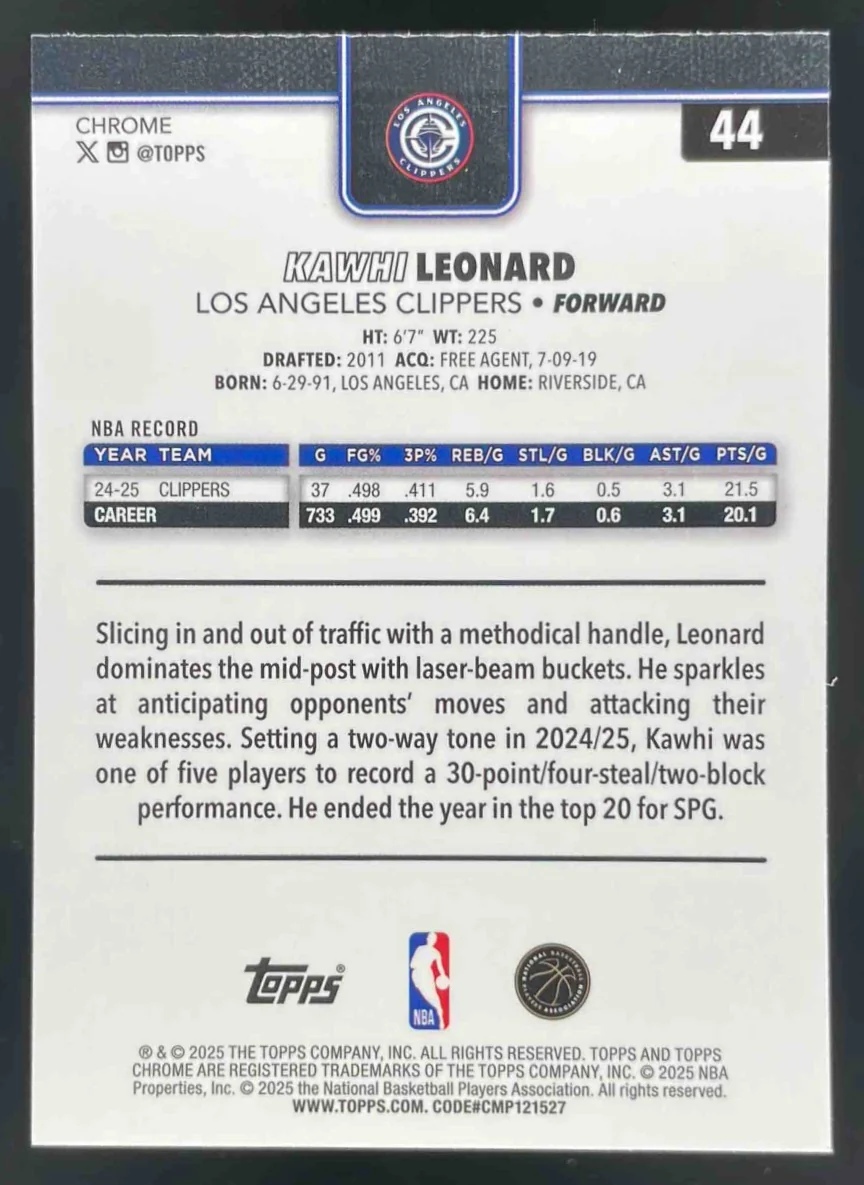 2025-26 Topps Chrome Image Variation #44 Kawhi Leonard SSP - Image 2
