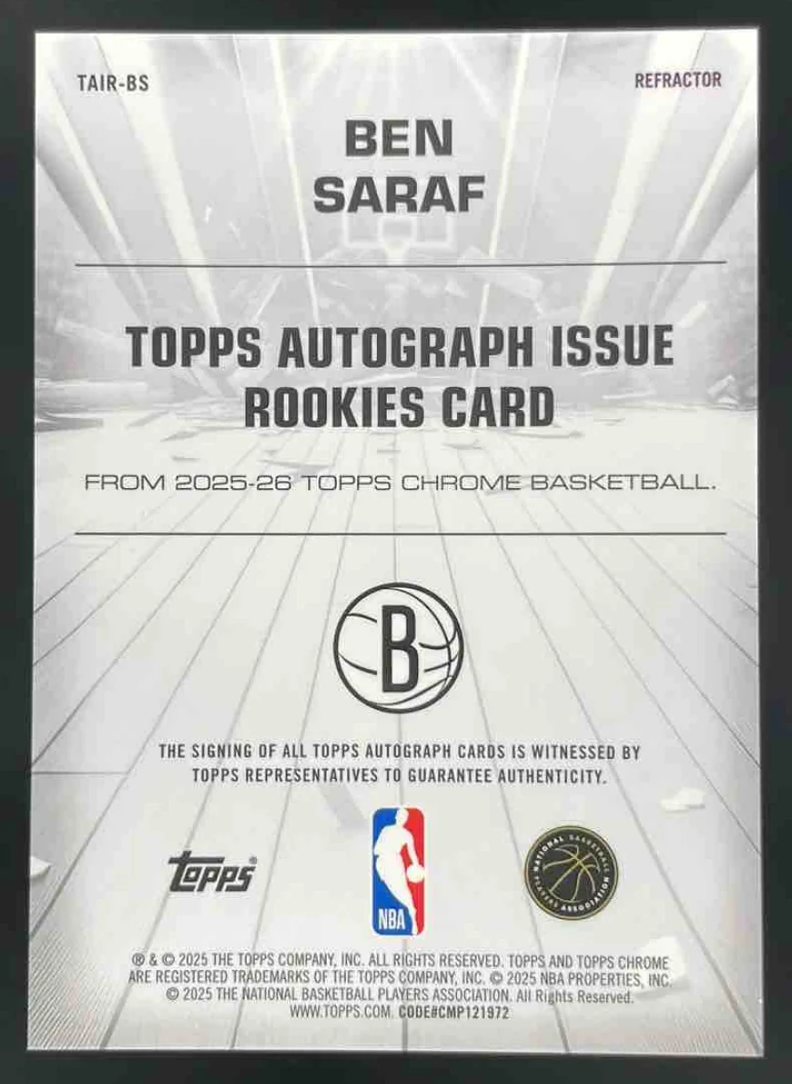 2025-26 Topps Chrome Topps Certified Issue Rookies #TAIR-BS Ben Saraf RC Auto - Image 2