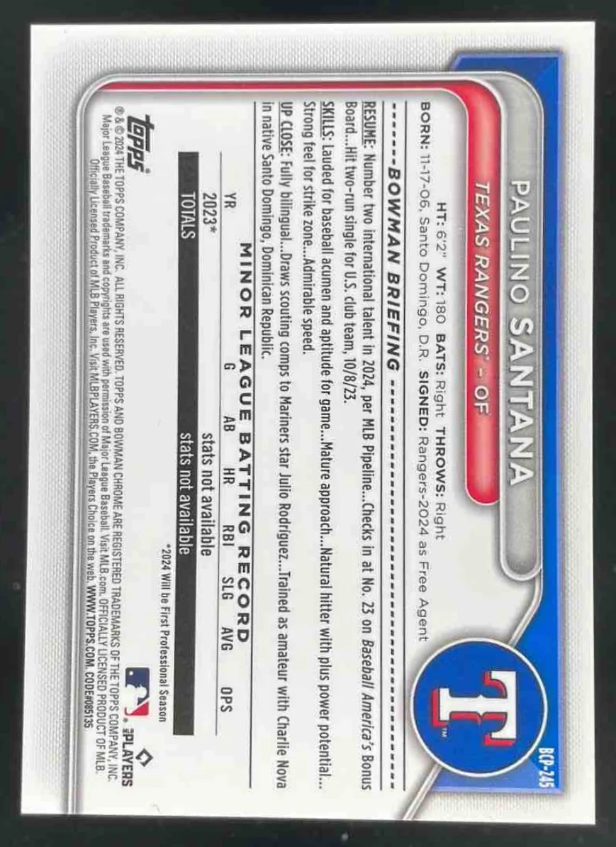 2024 Bowman Chrome Sapphire Prospects Orange #BCP-245 Paulino Santana /25 - Image 2