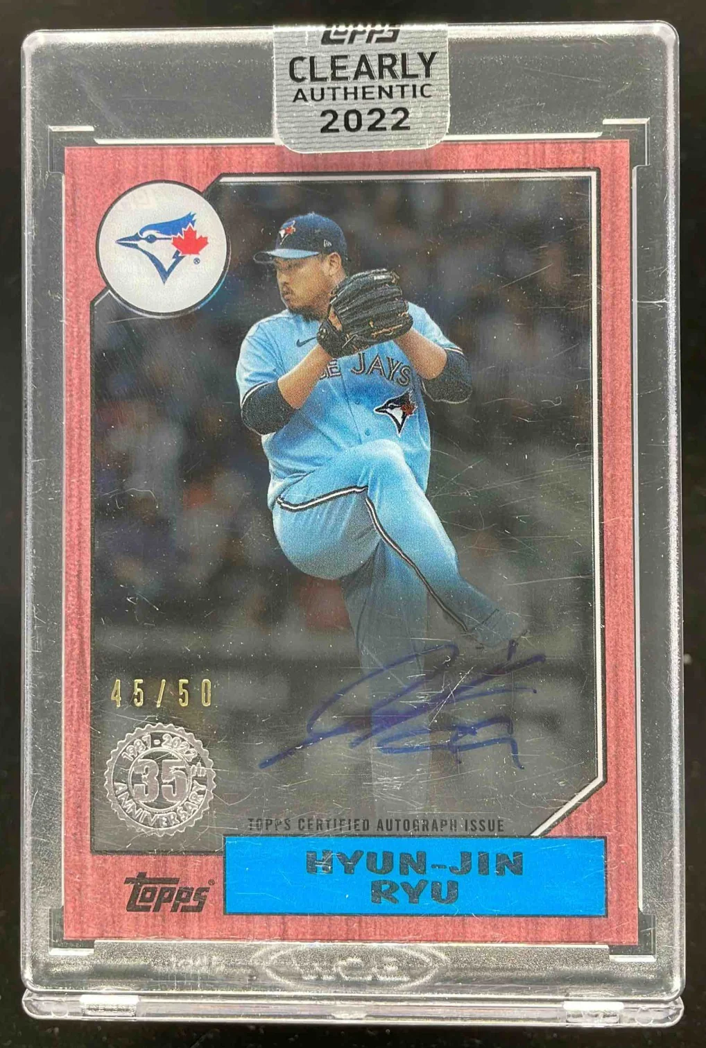 2022 Topps Clearly Authentic 1987 Baseball Red #87TBA-HR Hyun-Jin Ryu Auto /50